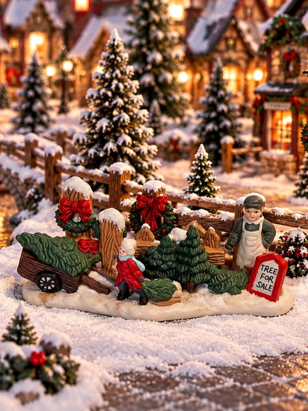 Vintage Porcelain Christmas Village Tree Farm “Trees for Sale” Figurine Scene